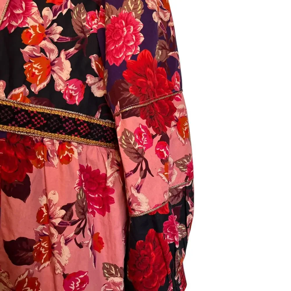 Johnny Was Jade Kimmy Smocked Floral-Print Peasant Top Embroidered Velvet Trim L